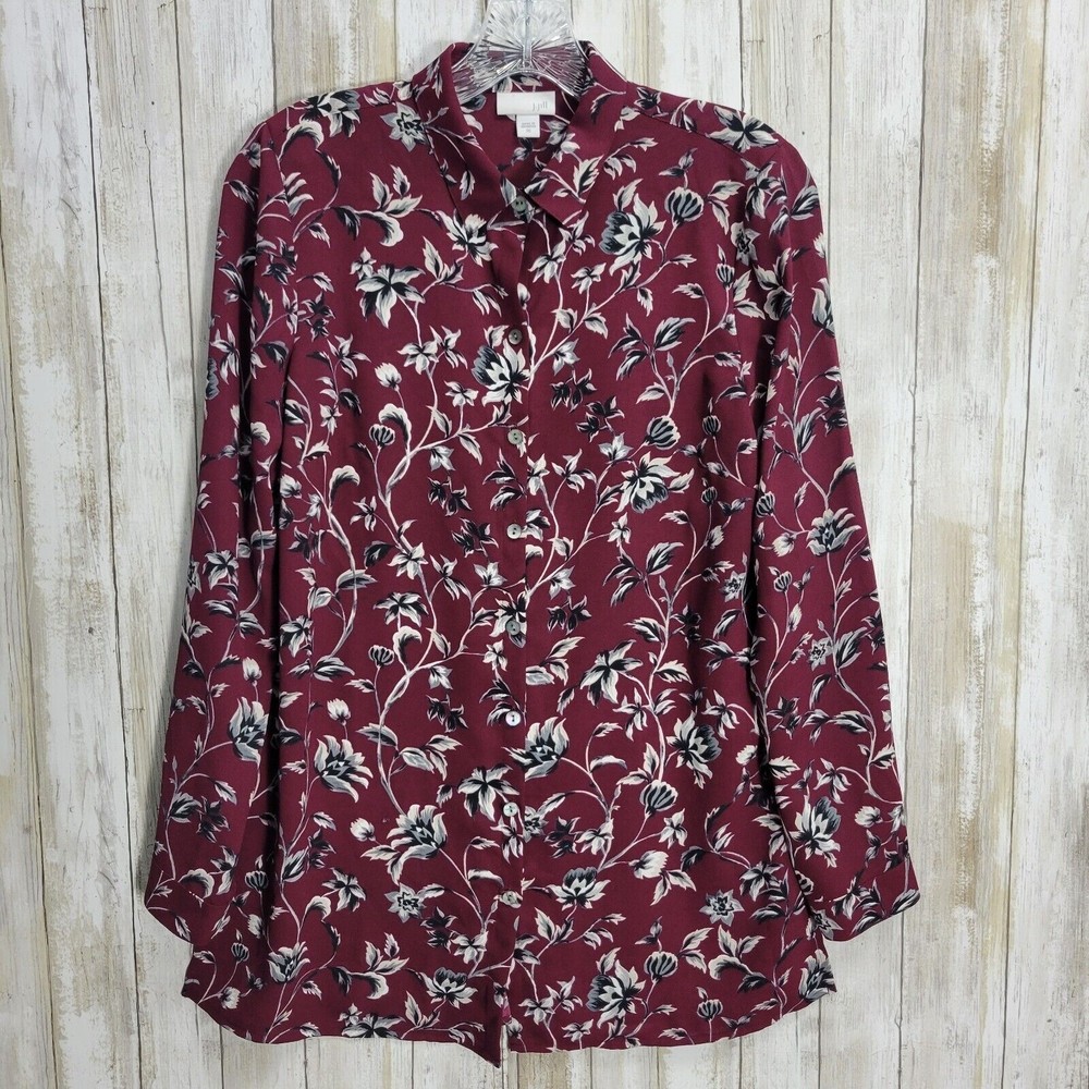 J. jill  womens Floral Button Up Long Sleeves Blouse Burgundy Sz Xs